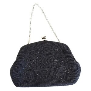 Vintage‎ Made in Japan Black Beaded Evening Purse Rhinestone Clasp Chain Handle